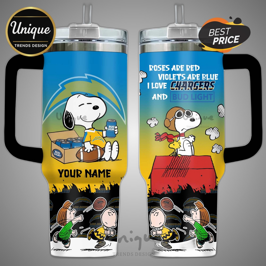Chargers Football Snoopy and Charlie Brown Custom Name 40oz Tumbler Chargers Football Snoopy and Charlie Brown Custom Name 40oz Tumbler