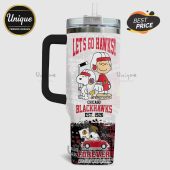 Chicago Blackhawks tumbler featuring Snoopy characters and 'Let's Go Hawks!' text.!