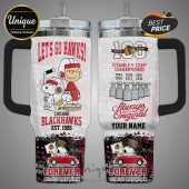 Chicago Blackhawks custom tumbler featuring Snoopy, Charlie Brown, and team history graphics!