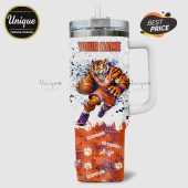 Personalized tumbler with Clemson tiger basketball design and 'Your Name' text.!