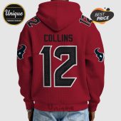 Back of a red hoodie with 'COLLINS' and the number '12' printed on it, plus football team logo on sleeve.!