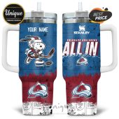 Colorado Avalanche Stanley tumbler featuring Snoopy playing hockey with your name!