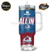 Colorado Avalanche ALL IN Snoopy cartoon mashup design on a white handled tumbler.!