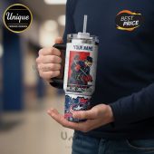 Customizable Columbus Blue Jackets tumbler with a cartoon of a hockey player in a retro military jacket!