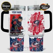 Columbus Blue Jackets mug featuring a hockey player and team logo with 'Out of Our Blue We Rise' text.!