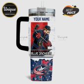 Columbus Blue Jackets tumbler with cartoon mascot, hockey logos, and custom name option.!
