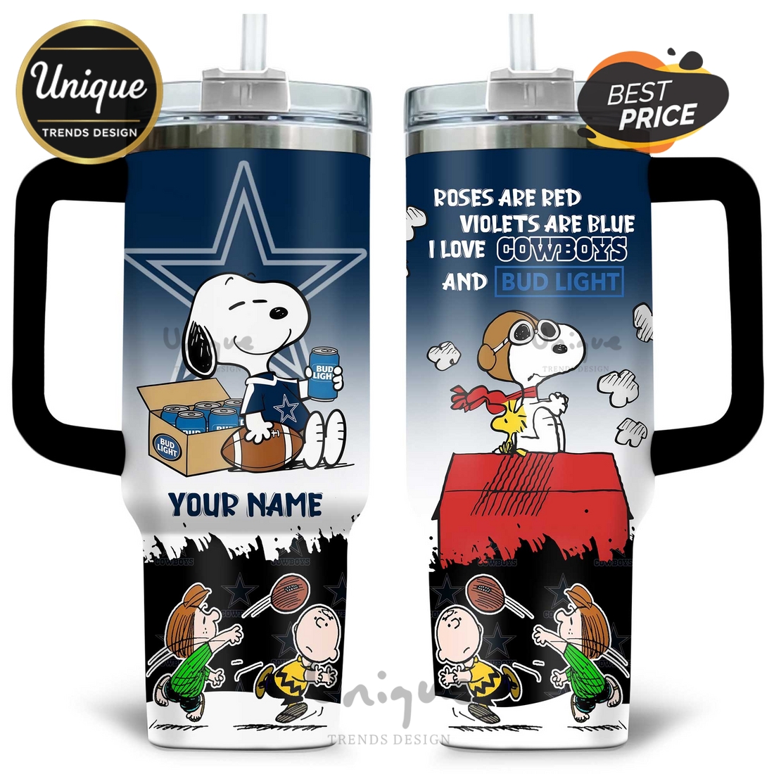 Dallas Cowboys Snoopy Bud Light Personalized 40oz Tumbler Dallas Cowboys Snoopy Bud Light Personalized 40oz Tumbler