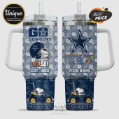 Cowboys tumbler featuring Snoopy, the Cowboys logo, the text 'Go Cowboys', Super Bowl logos, Est. 1960, and 'Your Name'.!