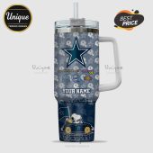 Customizable Cowboys tumbler with Snoopy, Super Bowl logos, and space for a name!