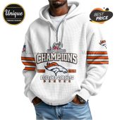 White zip-up hoodie with Denver Broncos Championship design, featuring team logo and 'Champions' text.!