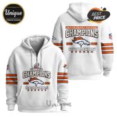 White hoodie featuring a Denver Broncos 'Champions 2025-2026' design on the front and back.!
