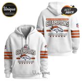 White zip-up hoodie with 'Champions,' Broncos logo, and '2025-2026' text.!