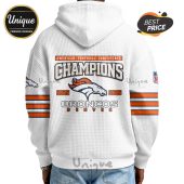 Back of white hoodie with 'American Football Conference Champions', Broncos logo, and '2025 2026' text design.!
