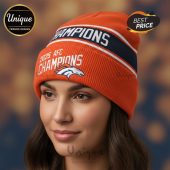 Orange beanie with the text 'Champions' and '2025 AFC Champions' and the Broncos logo.!