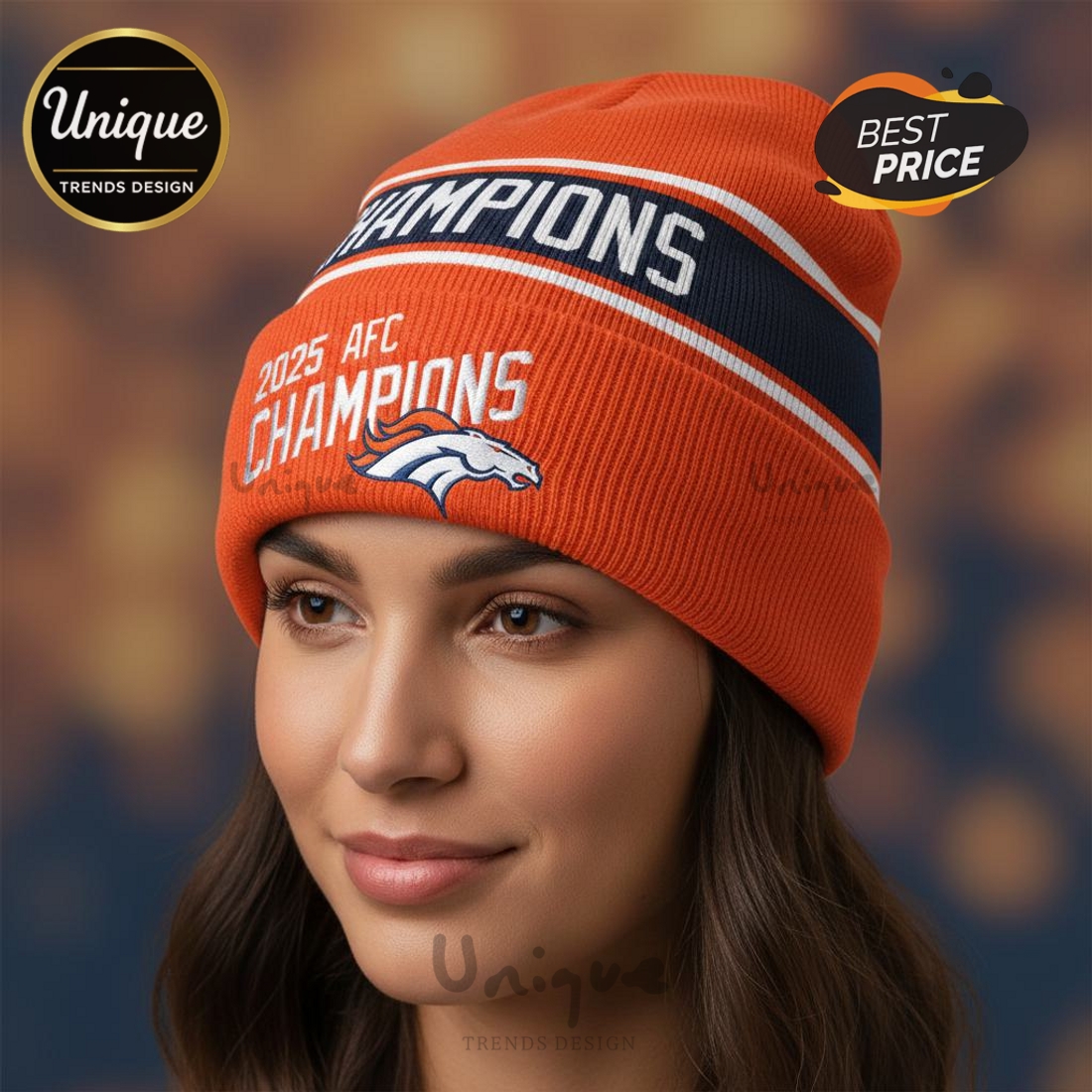 Denver Broncos 2025 AFC Champions Premium Knit Beanie Hat Denver Broncos 2025 AFC Champions Premium Knit Beanie Hat