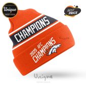Orange beanie with 'CHAMPIONS' on a black stripe, '2025 AFC CHAMPIONS' text, and the Denver Broncos logo.!