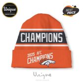 Orange beanie with 'CHAMPIONS' and '2025 AFC CHAMPIONS' text, plus a Denver Broncos logo.!