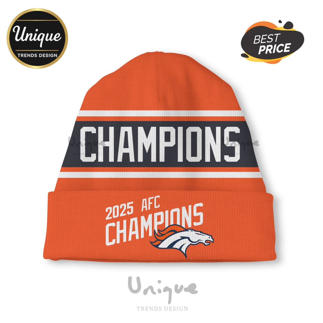 Denver Broncos 2025 AFC Champions Premium Knit Beanie Hat Denver Broncos 2025 AFC Champions Premium Knit Beanie Hat