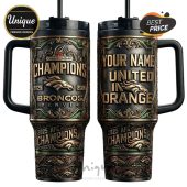 Customizable Denver Broncos Champions tumbler with 'YOUR NAME UNITED IN ORANGE' and Broncos logos.!