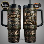 Customizable travel mug featuring the Denver Broncos, reading 'Champions' and 'United in Orange'.!