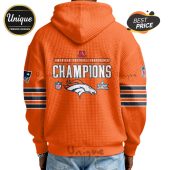 Orange hoodie with 'American Football Conference CHAMPIONS' text, Broncos logo, NFL & Super Bowl emblems.!