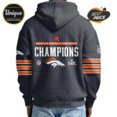 Grey hoodie with Denver Broncos logos, 'American Football Conference Champions' text, and orange stripes on the sleeves.!