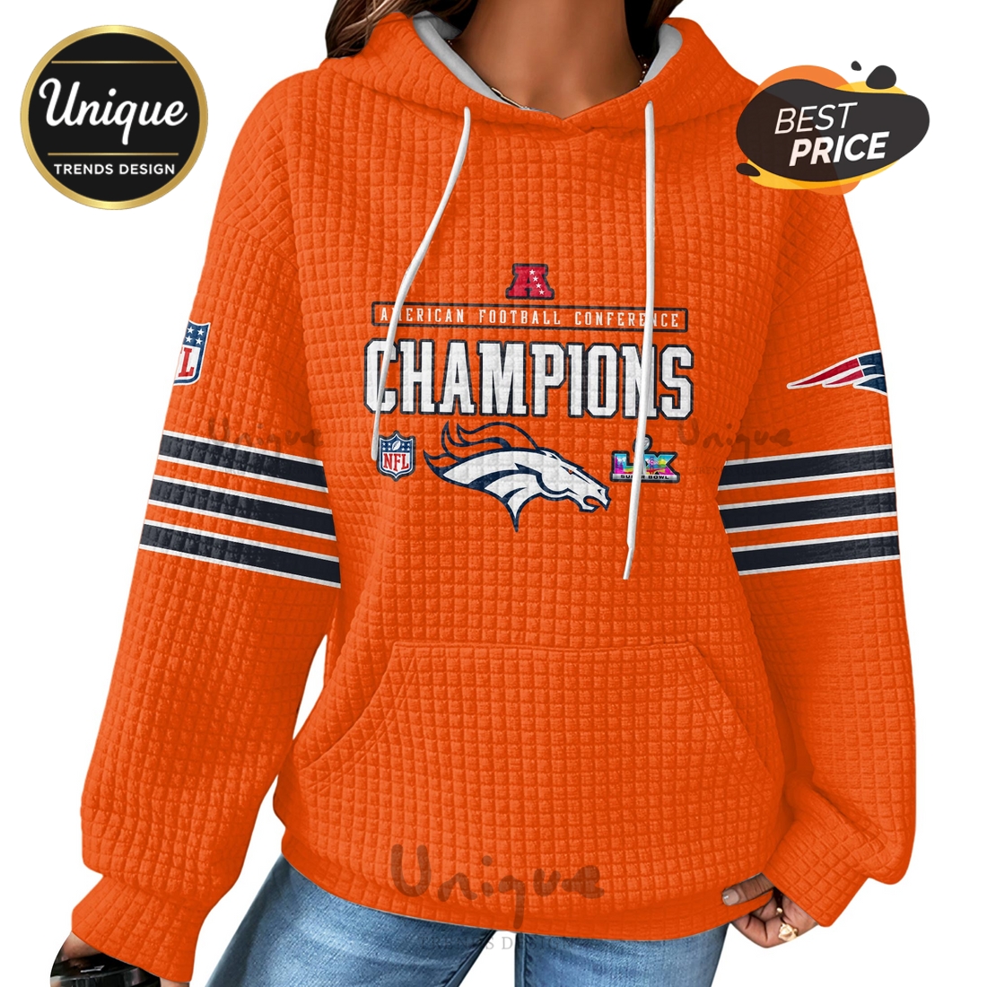 Denver Broncos AFC Champions Orange Waffle Hoodie Denver Broncos AFC Champions Orange Waffle Hoodie