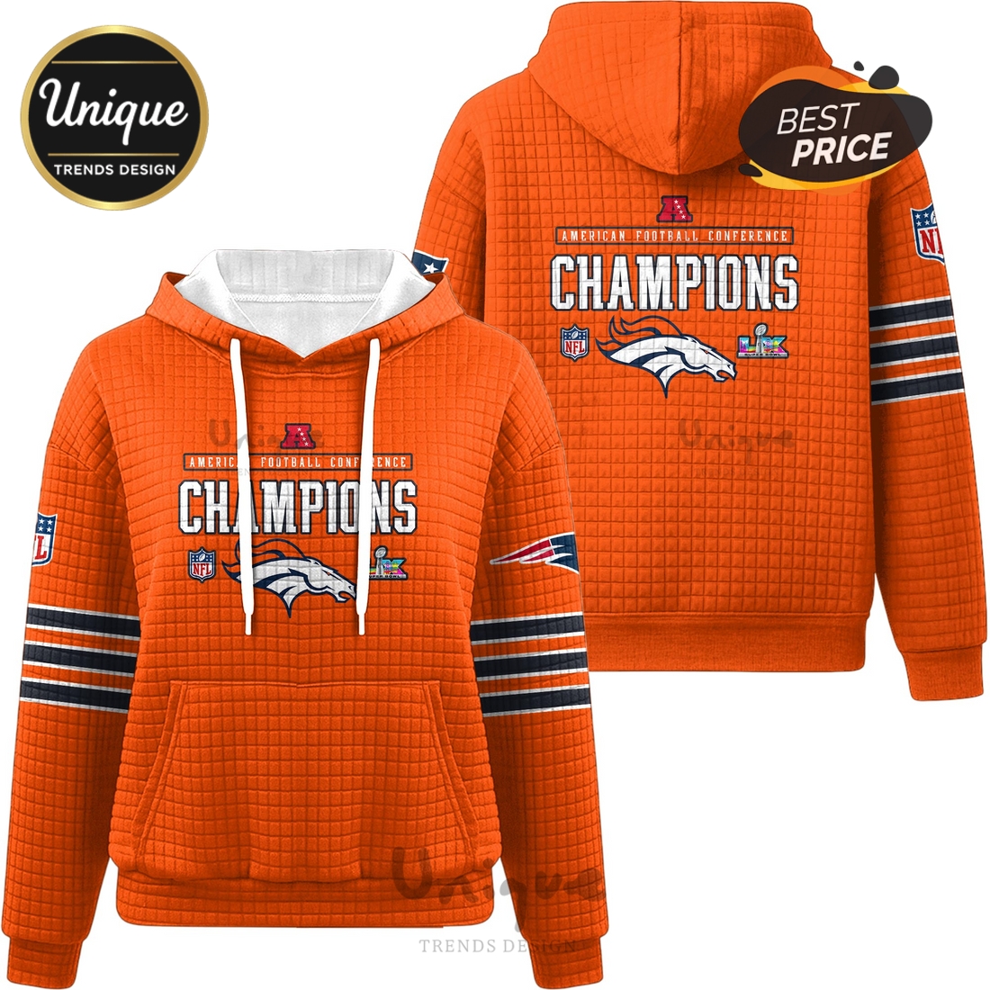 Denver Broncos AFC Champions Orange Waffle Hoodie Denver Broncos AFC Champions Orange Waffle Hoodie