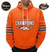 Orange hoodie with Denver Broncos Champions design and AFC logo. NFL and Super Bowl LIX emblem are visible.!