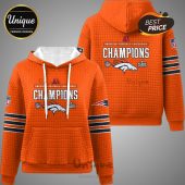 Orange hoodie with Broncos 'American Football Conference Champions' text and logo. NFL and Super Bowl logos also included.!
