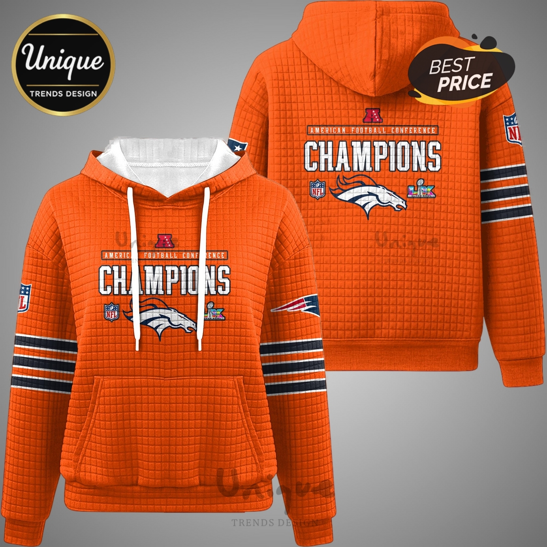Denver Broncos AFC Champions Orange Waffle Hoodie Denver Broncos AFC Champions Orange Waffle Hoodie