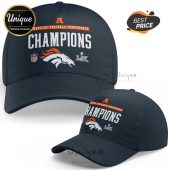 Navy hat with 'Champions' text, Broncos logo, NFL logo, and Super Bowl logo.!