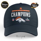 Navy hat featuring 'American Football Conference Champions' text, Broncos logo, NFL logo, and a Super Bowl logo.!