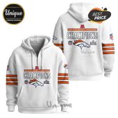 White hoodie with American Football Conference Champions text, NFL logo, team logo and colors.!