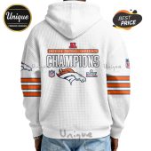 White hoodie with Denver Broncos Champions design and orange stripes on the sleeves.!