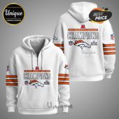 White hoodie featuring the Denver Broncos logo, 'American Football Conference Champions' text, and orange stripes on the sleeves.!