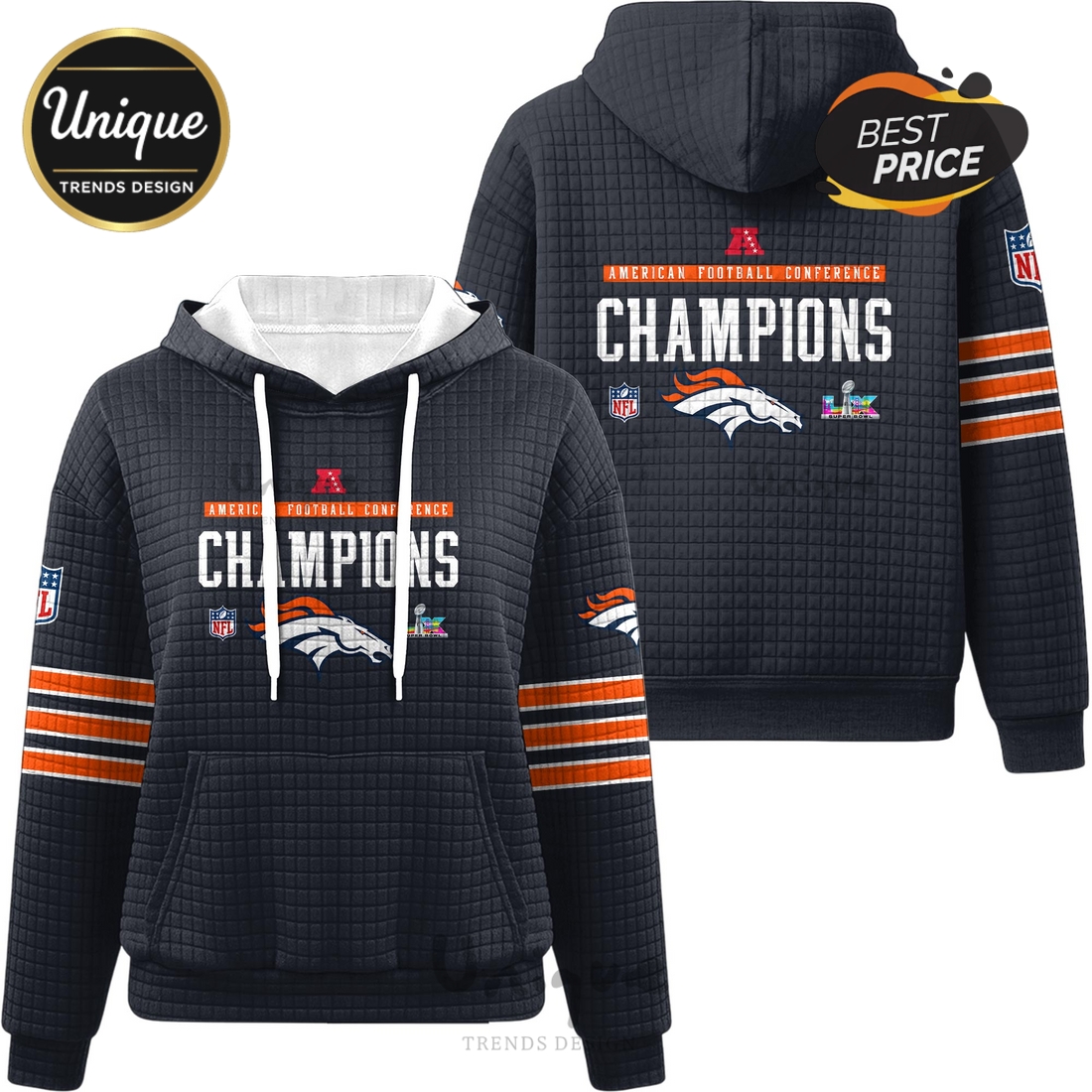 Denver Broncos American Football Conference Champions Waffle Hoodie Denver Broncos American Football Conference Champions Waffle Hoodie