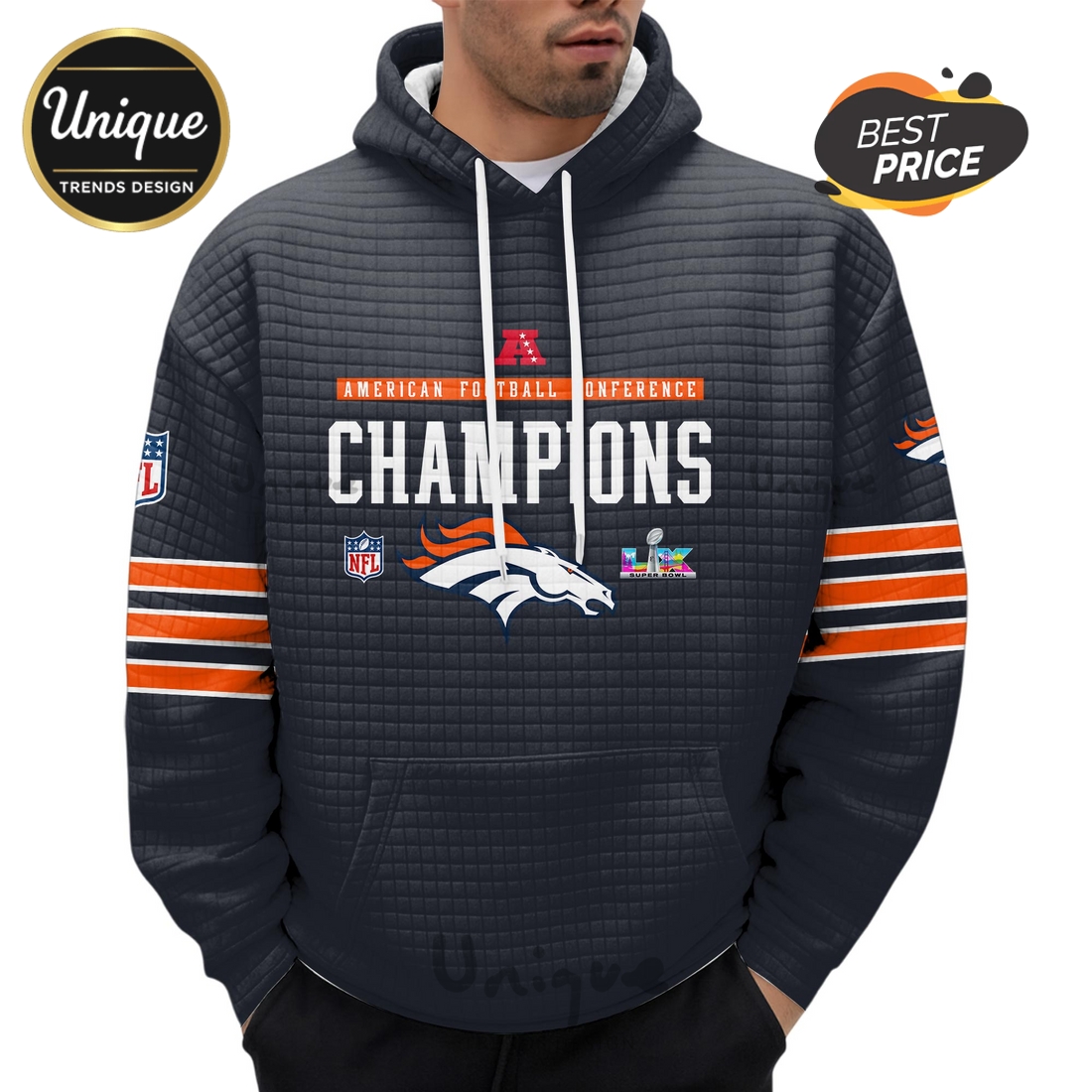 Denver Broncos American Football Conference Champions Waffle Hoodie Denver Broncos American Football Conference Champions Waffle Hoodie