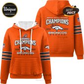 Orange hoodie with 'Champions', Broncos logo, '2025-2026', and NFL logos on sleeves.!