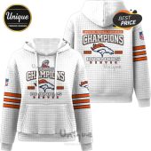 White hoodie with Denver Broncos Champions design, featuring '2025 2026' and team logo.!
