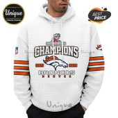 White hoodie with Denver Broncos Champions design featuring the years 2025 and 2026.!