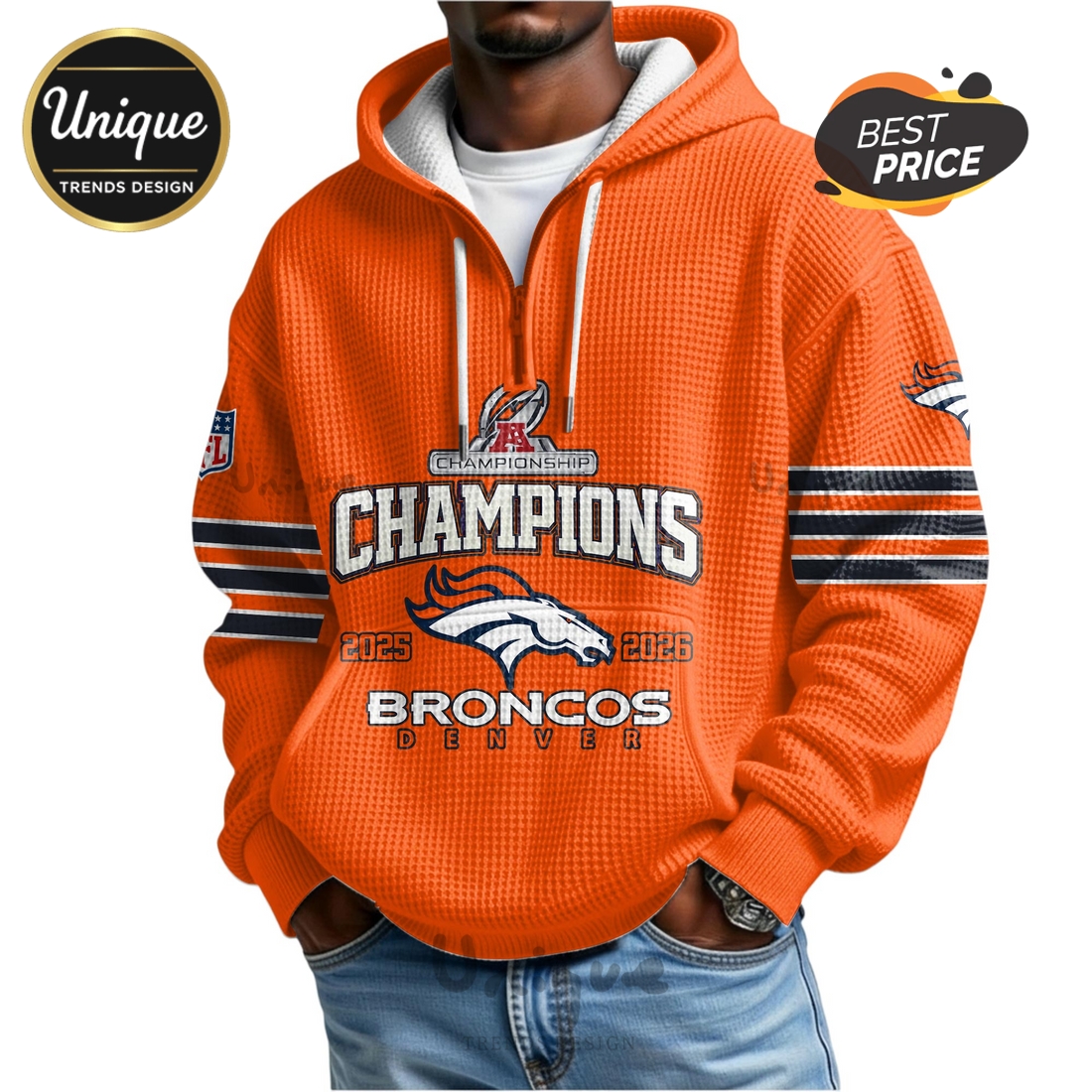 Denver Broncos Champions 2025-2026 Football Conference Zip Waffle Hoodie Denver Broncos Champions 2025-2026 Football Conference Zip Waffle Hoodie