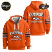 Orange hoodie with 'Champions' and Denver Broncos logo, years 2025-2026, NFL branding.!