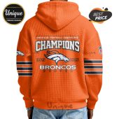 Back of orange hoodie with 'American Football Conference Champions', Broncos logo, and '2025-2026' text.!