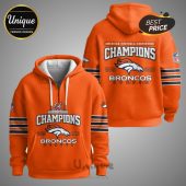 Orange hoodie with 'Champions', Broncos logo, and '2025-2026' text design.!