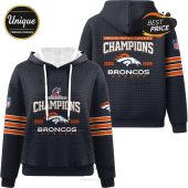 Denver Broncos Champions 2025 2026 hoodie design showing front and back views.!