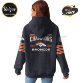 Back of a gray hoodie with 'American Conference Champions 2025-2026 Broncos Denver' text and team logo.!