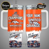 Denver Broncos themed travel mug featuring 'Champions', team logo, and customizable name option!