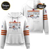 White hoodie featuring 'American Football Conference Champions' text with a Broncos logo and NFL emblems.!