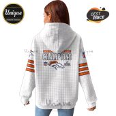 White hoodie with 'American Conference Champions,' Broncos logo, NFL logo, and Super Bowl 50 logo on the back.!